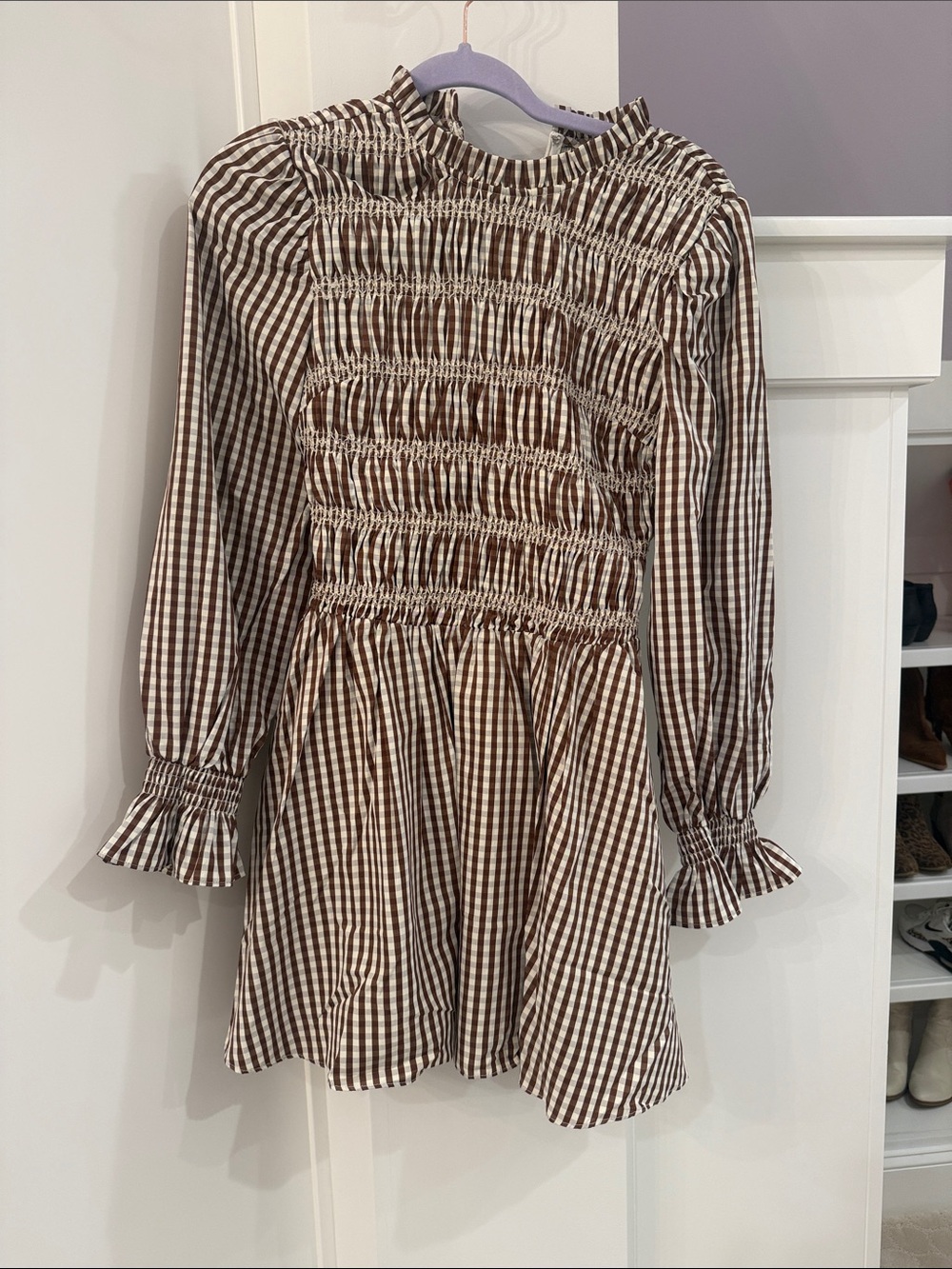 Smocked Gingham Long-Sleeve Mini Dress in Brown/White